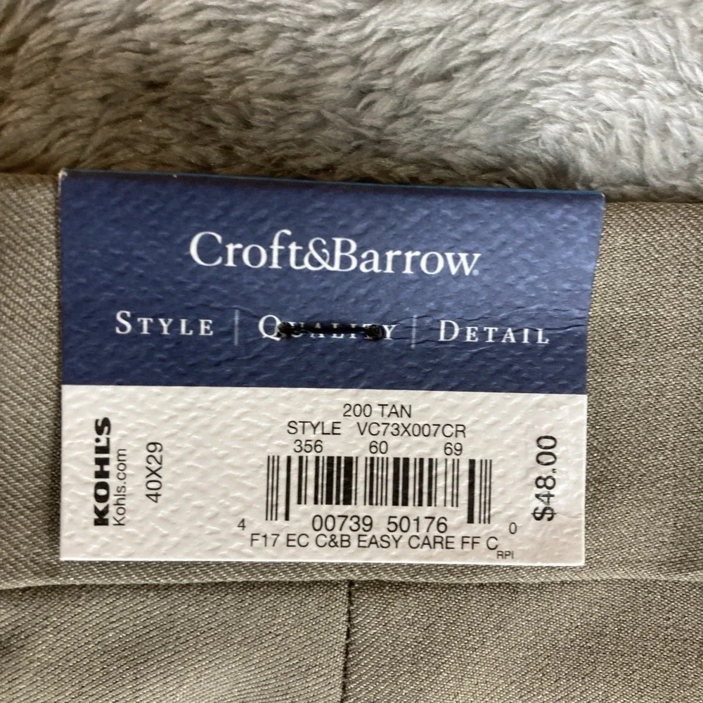 Croft & Barrow Classic Fit Dress Pants Mens 40x29‎ Tan Pleated Traditional Leg